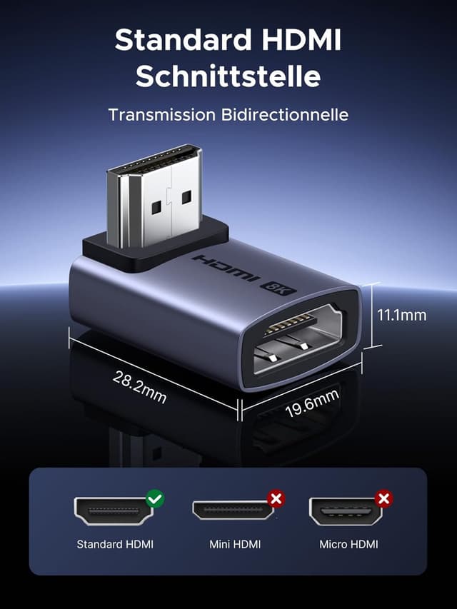 Detalle 2 de UGREEN 8K HDMI Adapter (Winkelstecker 90°/270°, HDMI 2.1) für 8K@60Hz & 4K Gaming