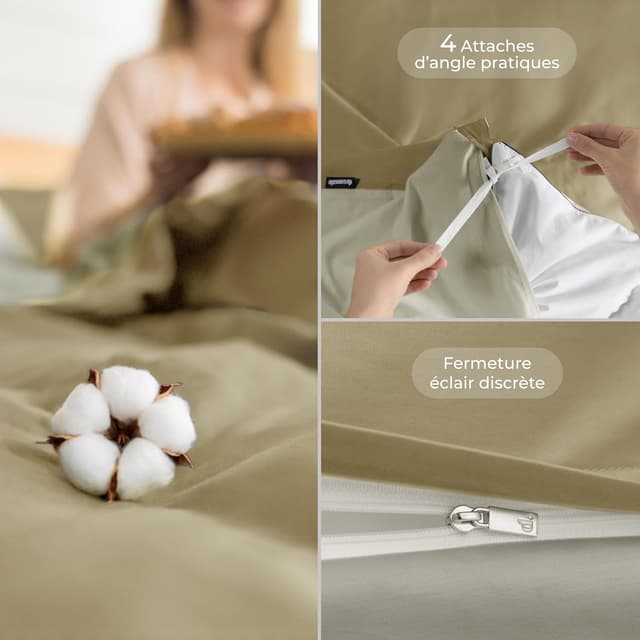 Detalle de Dreamzie Housse de couette 200x240 réversible en coton beige (parure 3 pièces)