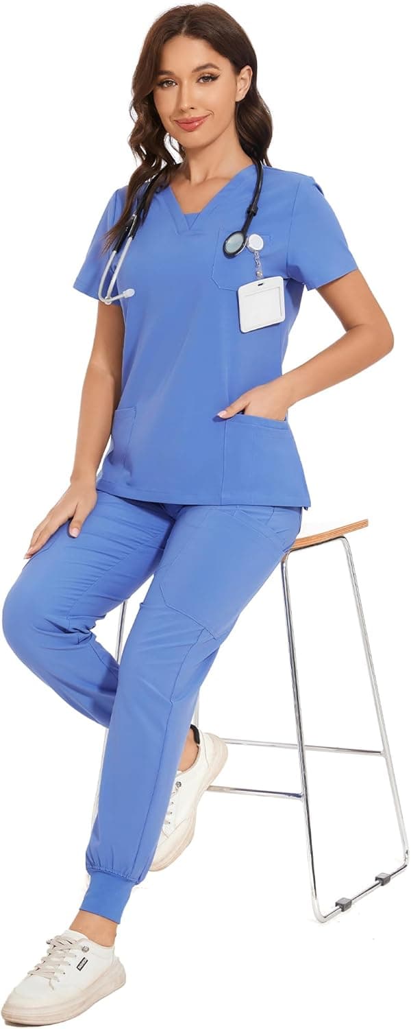 Detalle 2 de COZYFIT Women’s V-Neck Top & Cargo Pants Scrubs Set with 10 Pockets