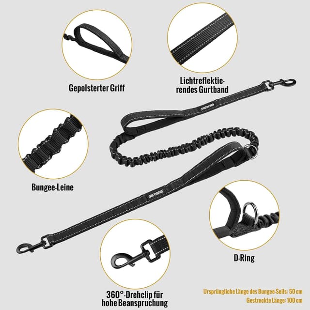 Detalle de OneTigris laisse de jogging pour chien avec ceinture rembourrée, poche poitrine et double poignée (3 en 1)