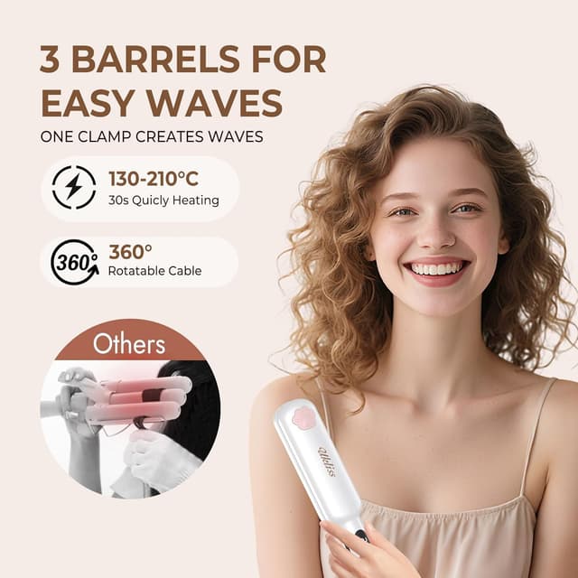 Detalle de UKLISS Hair Waver – Pro 3 Barrels Mermaid Waver (130–210℃) for beach waves