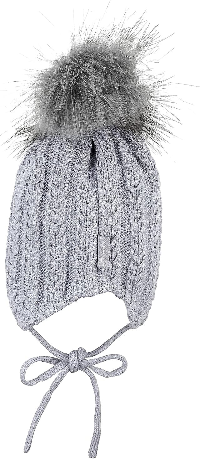 Detalle 2 de Sterntaler Strickmütze mit Ohrenklappen und Bindebändern (unisex) – Silber mel, für 9–12 Monate