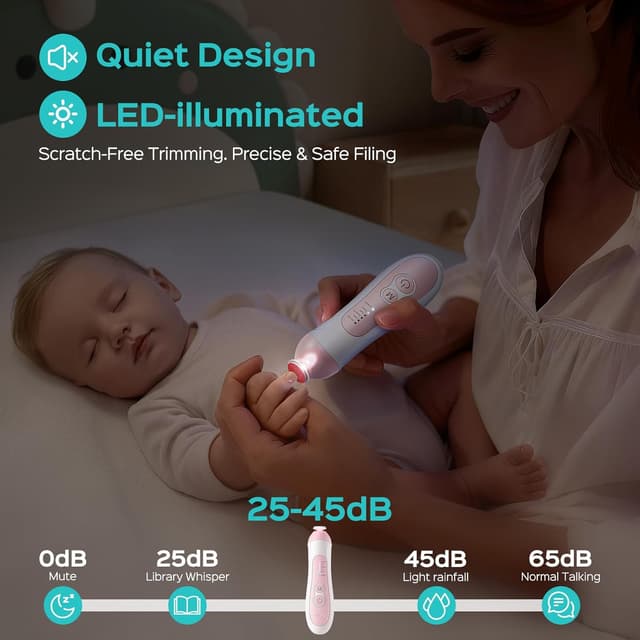 Detalle de COSLUS C52 Rechargeable Baby Nail File (Cordless) with 5 Speeds, 6 Grinding Heads & LED Light - Pink