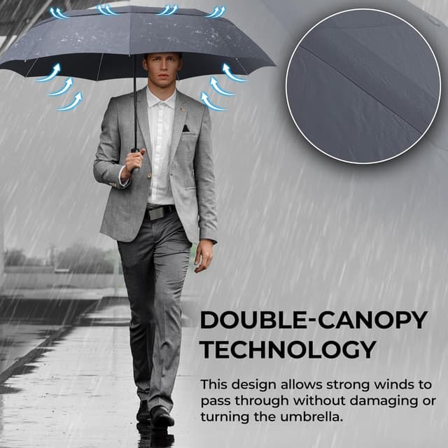 Detalle de Wilford & Sons Umbrella Windproof Compact (Auto Open/Close) – Double Canopy Travel Brolly, Teflon Water-Resistant, Grey