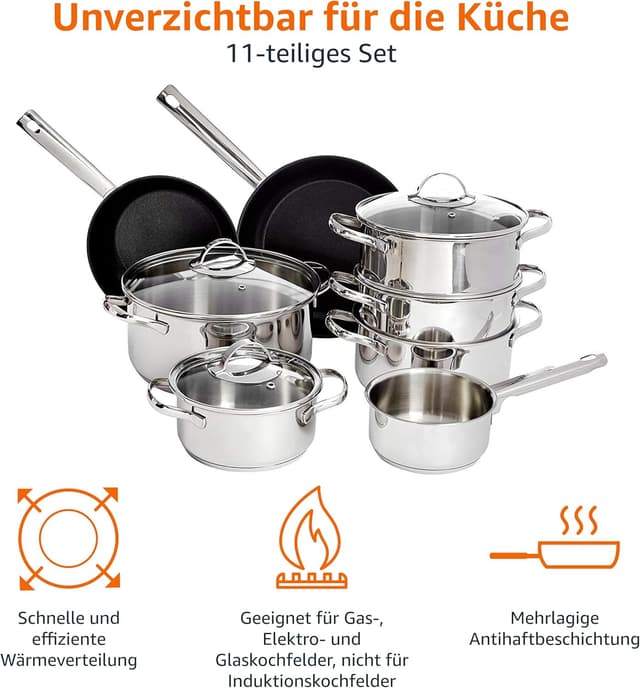 Detalle 2 de Amazon Basics 11-teiliges Topf- und Pfannenset aus Edelstahl mit Keramik-Antihaftbeschichtung (Induktion)