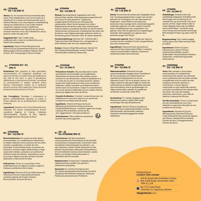 Detalle de WeightWorld Vitamine D3 K2 MK7 (MK-7) – 365 micro-comprimés végétariens, 2000 UI D3 et 200 µg K2