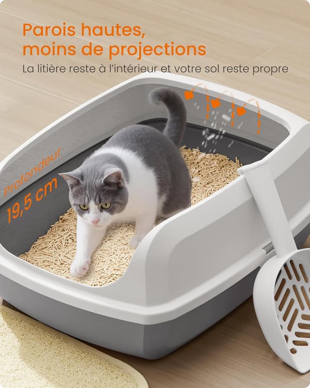Detalle 2 de Feandrea bac à litière pour chat XL à parois hautes, ouvert sur le dessus, avec pelle (PPT009W101)