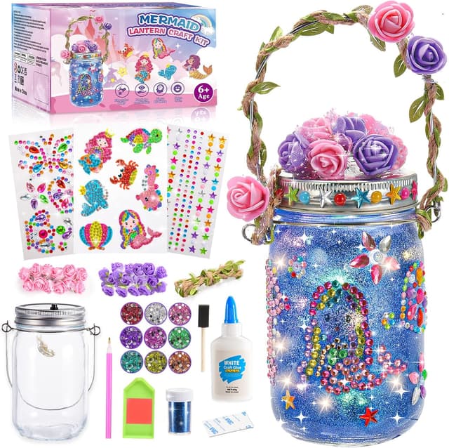 Detalle de Hapikids Mermaid Lantern Craft Kit for Girls (Age 4–12) – DIY Glitter Jar Night Light & Party Decoration