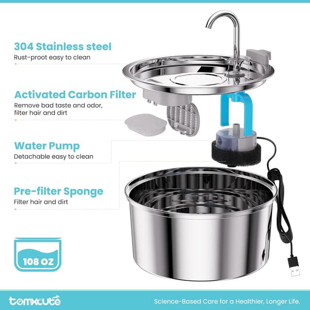 Detalle 2 de TOMXCUTE 3.2L Stainless Steel Cat Water Fountain with Upgraded Pump & Replacement Filters