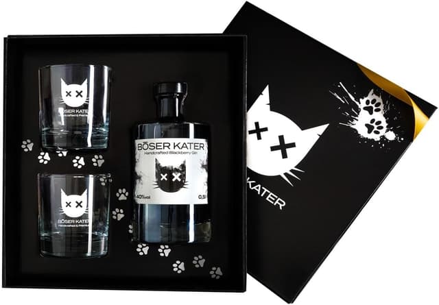 Detalle de BÖSER KATER Black Gin Geschenkset mit 2 Gläsern – Blackberry Gin in hochwertiger Box (0,5 l, 40% Vol.)