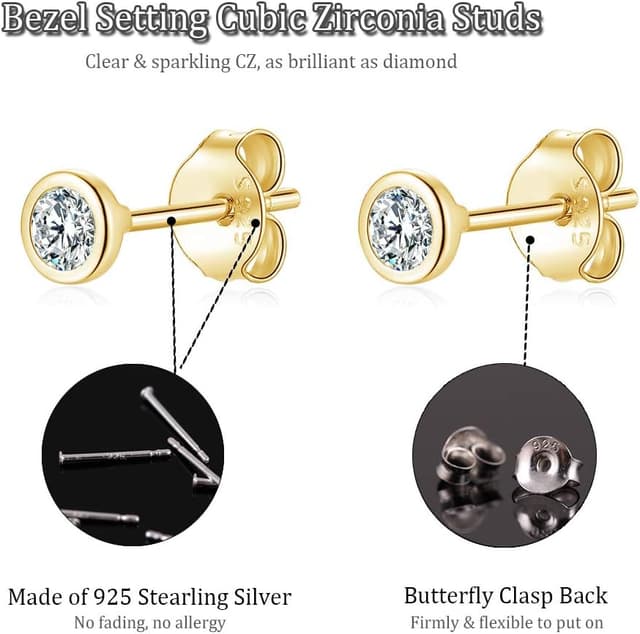 Detalle de Kleine Ohrstecker aus Sterlingsilber 925 mit Zirkonia (2/3/4/5 mm) – runde CZ Stecker für Damen, Herren & Kinder