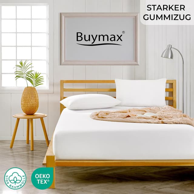 Detalle 2 de Buymax Spannbettlaken 180×200 cm Baumwolle Jersey Weiß