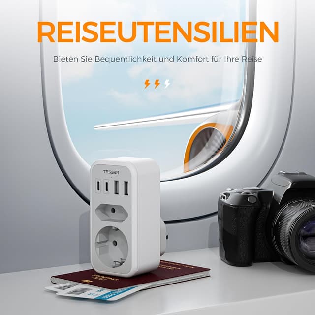 Detalle 1 de TESSAN 6-in-1 Reiseadapter England/Deutschland (Typ G) mit 2× USB-C und 2× USB-A