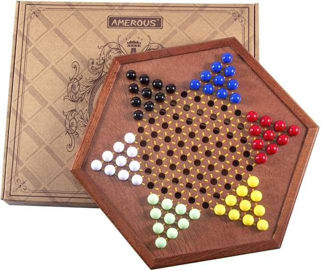 Detalle 2 de AMEROUS 12.5-Inch Wooden Chinese Checkers Set with Storage Drawer (60 Acrylic Marbles + 12 Spare)