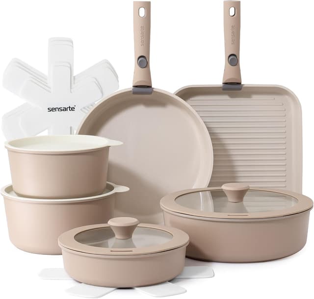 Detalle de SENSARTE 17-piece ceramic nonstick cookware set with detachable handle (Almond Beige)