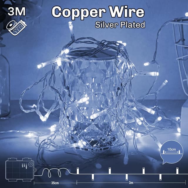 Detalle de Gcstnn Battery Fairy Lights (3m, 30 LED) with Timer and IP65 Waterproof Box – Cool White