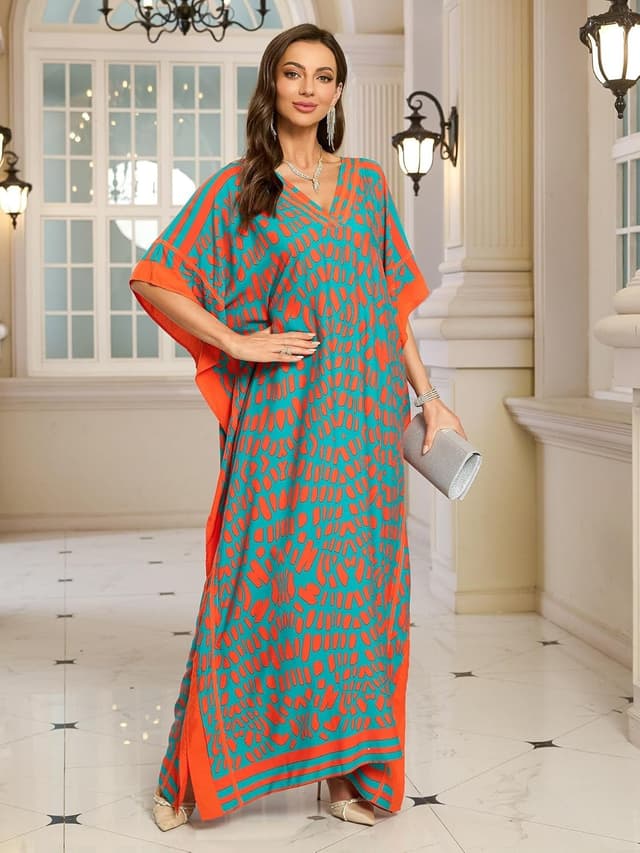 Detalle de Kaftan V-Neck Print Swimsuit Cover-Up Dress (One Size, Plus Size) for Beach & Lounge