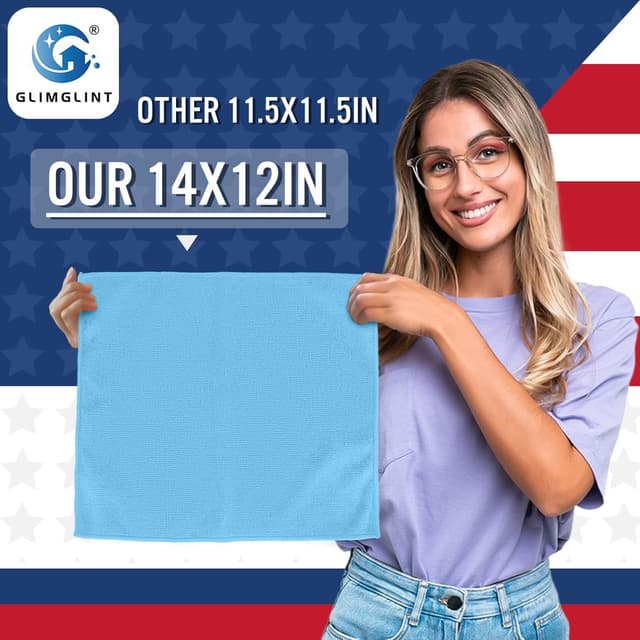 Detalle de GLIMGLINT Blue Microfiber Cleaning Cloths (14" x 12") — 150 Reusable Shop Rags for Kitchen, Bathroom, Car & TV Screens