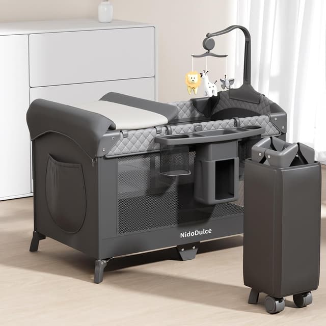 Detalle de NidoDulce Portable Travel Cot & Bedside Crib with Mattress, Changing Table & Storage Organiser
