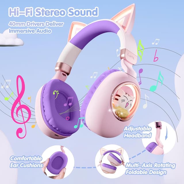 Detalle de sunvito Kinder Bluetooth-Kopfhörer 5.4 mit LED „Katzenohr“-Design, faltbar & 3,5-mm-Kabel