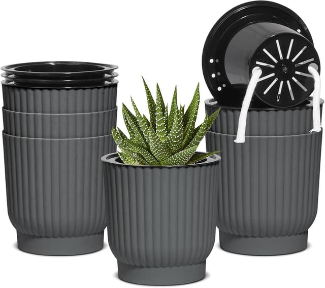 Detalle de T4U 10cm Self-Watering Plant Pots Indoor (6 Pack) – Grey Plastic Indoor Flower Pots