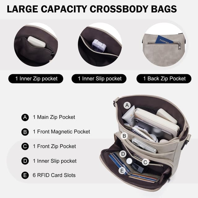 Detalle 1 de Roulens crossbody bag for women with front zip wallet pocket and adjustable guitar-strap (vegan leather)