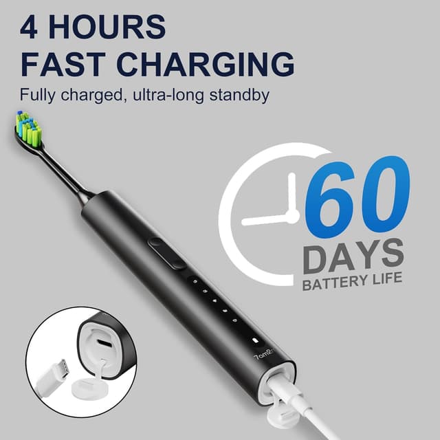 Detalle 2 de 7AM2M Sonic Electric Toothbrush (Black) for Adults and Kids — 40,000 VPM, 5 Modes, 4 Brush Heads, Smart 2-Min Timer