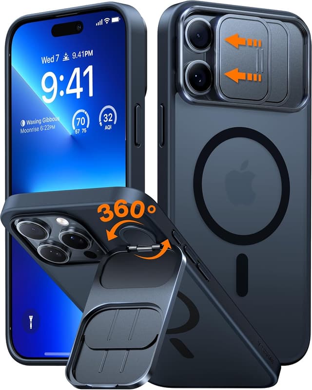 Detalle de TORRAS for iPhone 16 Pro Max Case with Slide Camera Cover, Rotatable Kickstand & MagSafe