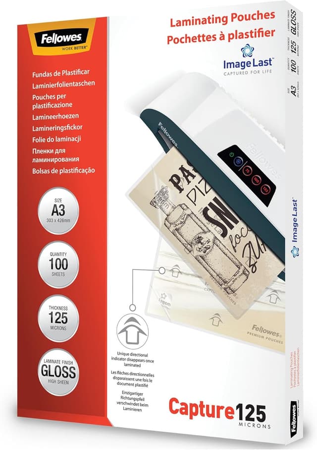 Detalle de Fellowes Laminierfolien A3 ImageLast, 125 Mikron – transparent (100 Stück) mit Ausrichtungshilfe