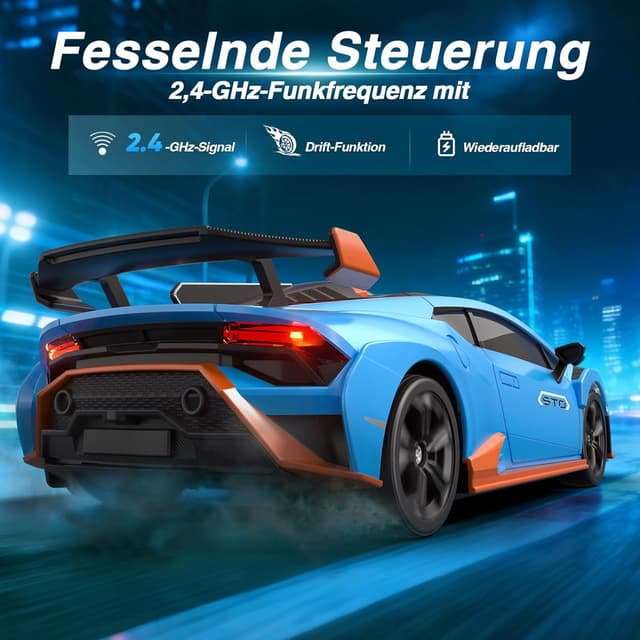 Detalle 2 de Lamborghini RC Drift Auto (1:24) Mini 4WD – ferngesteuertes Drift-Car mit LED und bis zu 25 km/h