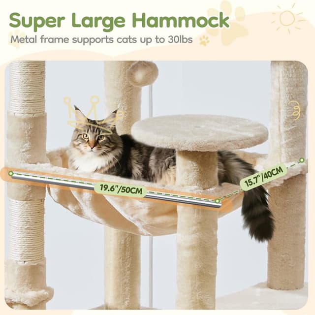 Detalle de Taoqimiao 183cm Large Cat Tree (MS045M) with Metal Hammock, 5 Scratching Posts & Spacious Platforms