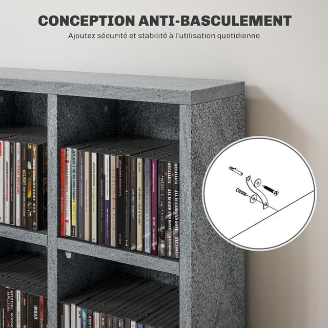 Detalle de HOMCOM Meuble de rangement multimédia pour CD/DVD avec 24 compartiments et étagères réglables, 89 x 20 x 130,5 cm, gris