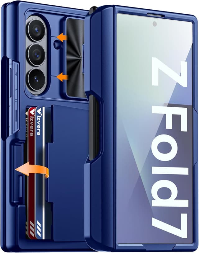 Detalle de Vizvera Case for Samsung Galaxy Z Fold 7 (RFID Wallet + S Pen Slot + Sliding Camera Cover) – Blue