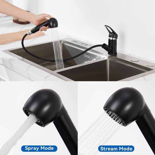 Detalle de AuraLum Rubinetto cucina doccetta estraibile nero moderno, monocomando girevole 360° con 2 getti