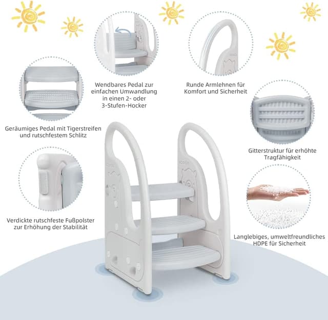 Thumbnail 6 de Onasti Tritthocker für Kinder – dreistufiger höhenverstellbarer Tritt-Schemel mit Handlauf, Anti-Rutsch (ca. 1,5 bis 6 Jahre, grau)