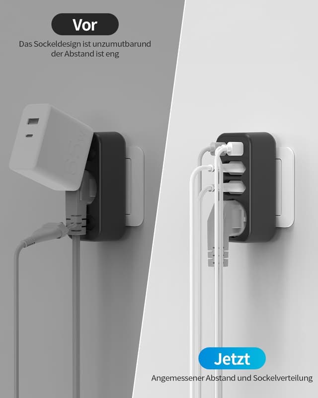 Detalle de 6-in-1 Mehrfachstecker mit PD 20W USB‑C – STGAROT Steckdosenadapter für 3 Euro- & Schuko-Anschlüsse