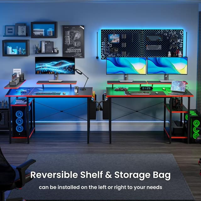 Detalle 2 de DOMSHOCT gaming desk with LED lights, power outlets and reversible layout (100×50cm, carbon fibre black)