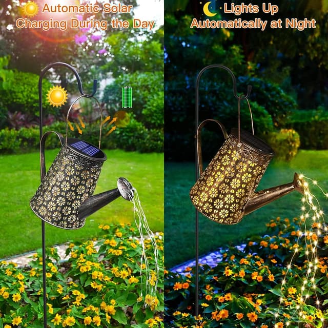 Detalle de MEDE solar watering can fairy lights (90 LEDs) – outdoor metal garden ornament with bracket and shepherd hook
