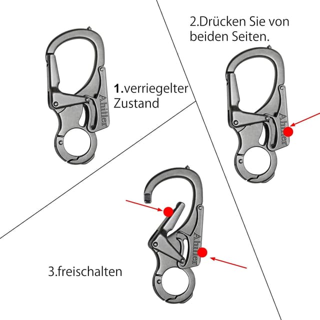 Detalle de Ahiller Karabiner-Schlüsselanhänger mit Doppelschloss, Wolframstahl-Spitze – Clip zum Einhängen und Sichern