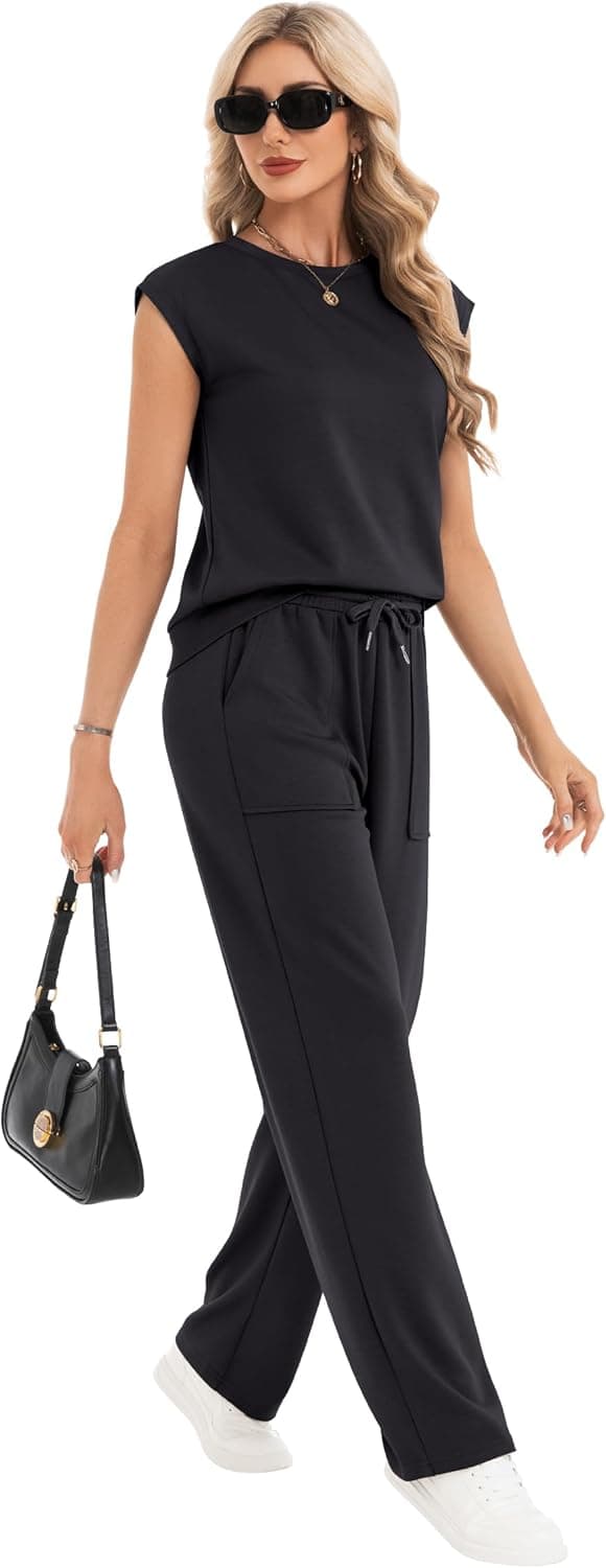 Detalle de IVIR Two-Piece Summer Tracksuit Set for Women: Round-Neck Top & Elastic Waist Trousers with Pockets