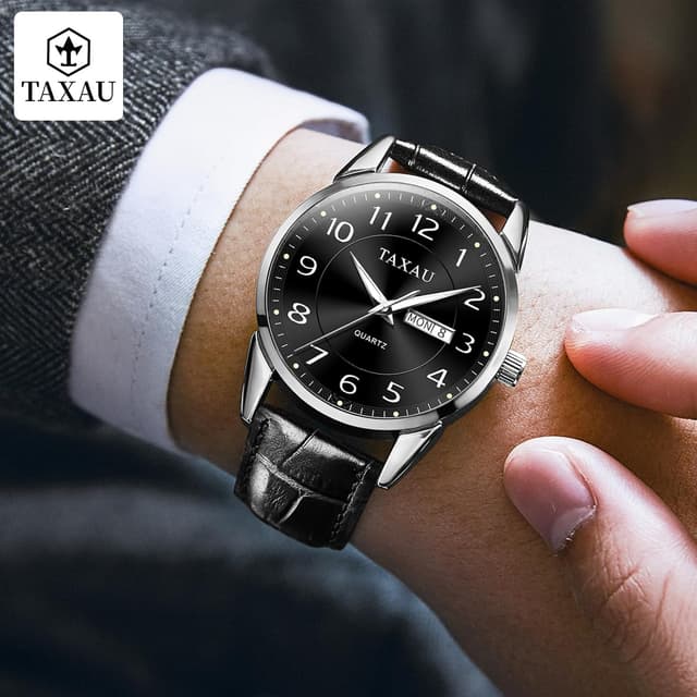 Detalle de Taxau klassische Lederuhr für Herren mit Analog-Quarzwerk, Big Dial, 41 mm, wasserdicht bis 30 m