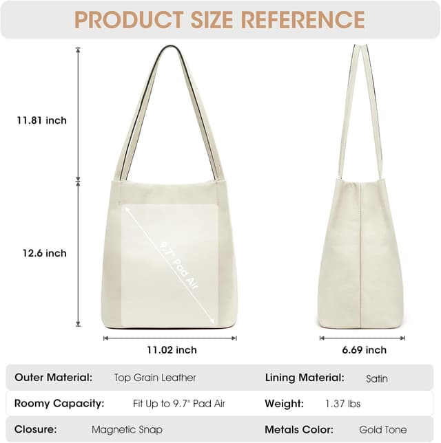 Detalle de Kattee Genuine Leather Shoulder Tote Bag with Magnetic Closure (fits 9.7-inch tablet)