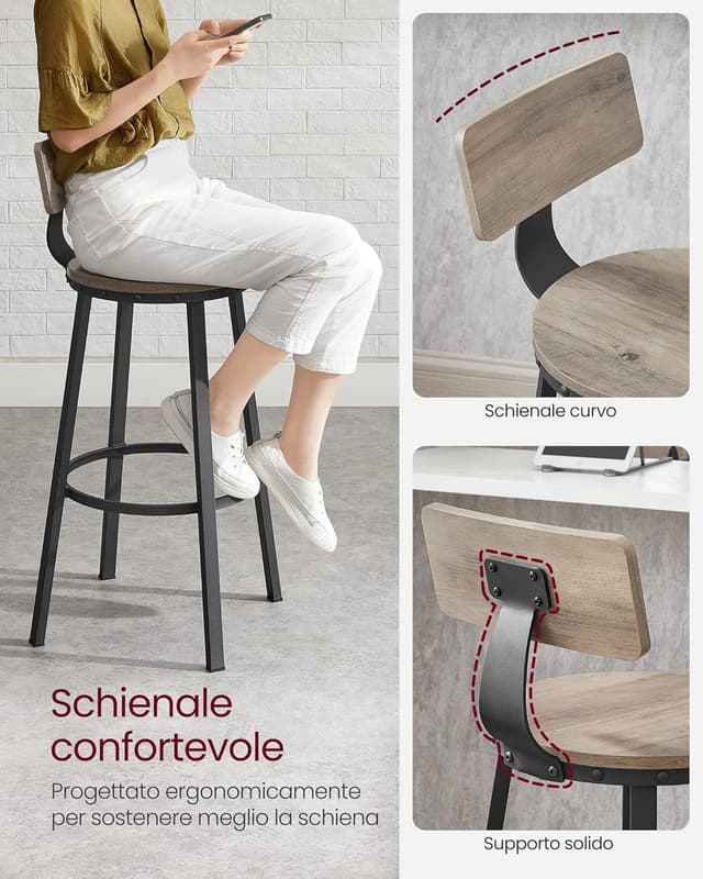 Thumbnail 6 de VASAGLE set di 2 sgabelli da bar LBC026B02 con schienale, altezza seduta 73 cm, greige e nero