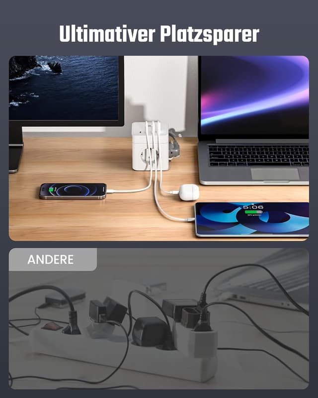 Detalle 2 de RIXGLEAM Steckdosenwürfel mit USB 8-in-1 (2× USB‑C bis 20 W, 4× Schuko, 1,5 m) weiß