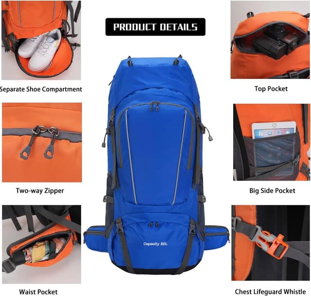 Detalle de Ezmina 80L hiking backpack with rain cover (large camping rucksack)