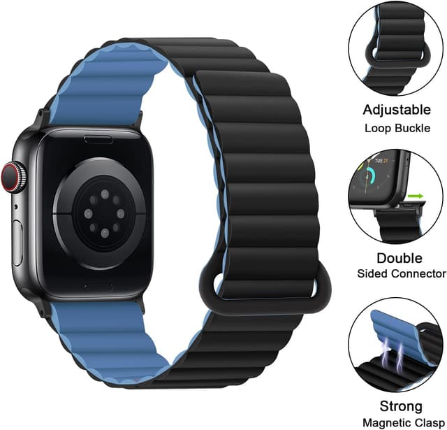 Detalle de Anlinser reversible magnetic Apple Watch strap for 38/40/41/42/44/45/46/49mm (Black/Blue) with adjustable loop