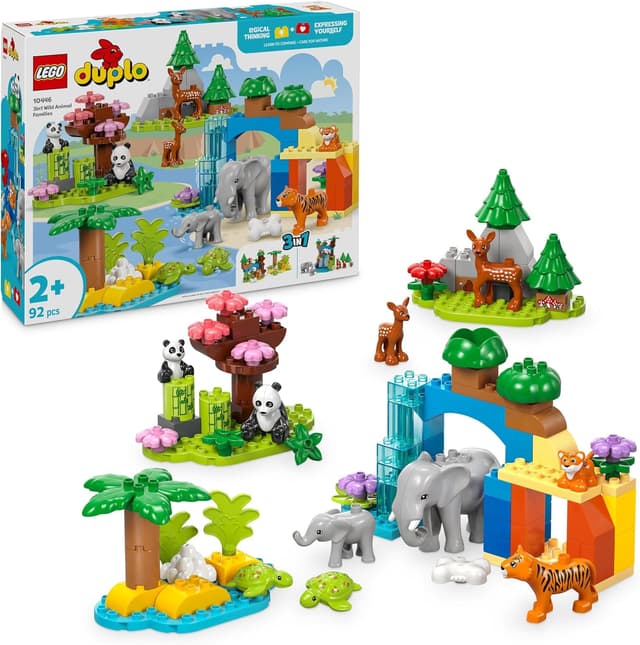 Detalle de LEGO DUPLO Town Wildtier-Familien 3-in-1 (Set 10446) – Lernspielzeug ab 2 Jahren mit Schildkröte, Tiger, Elefant, Hirsch & Panda