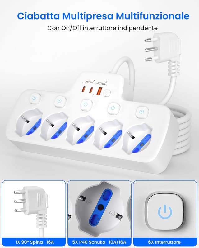 Detalle 2 de Ciabatta multipresa 5 posti con USB 1,5 m