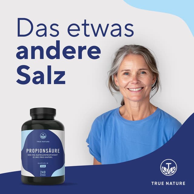Detalle 2 de TRUE NATURE Propionsäure (Natriumpropionat) – 240 Kapseln mit 500 mg je Kapsel, vegan