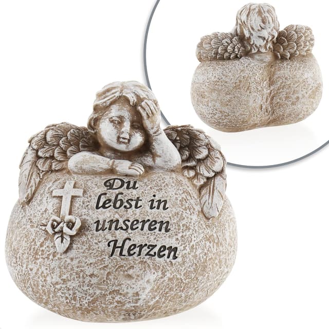 Detalle de com-four® decorazione tombale a cuore con angelo e iscrizione commemorativa “Angelo Tu vivi nei nostri cuori” (1 pezzo)